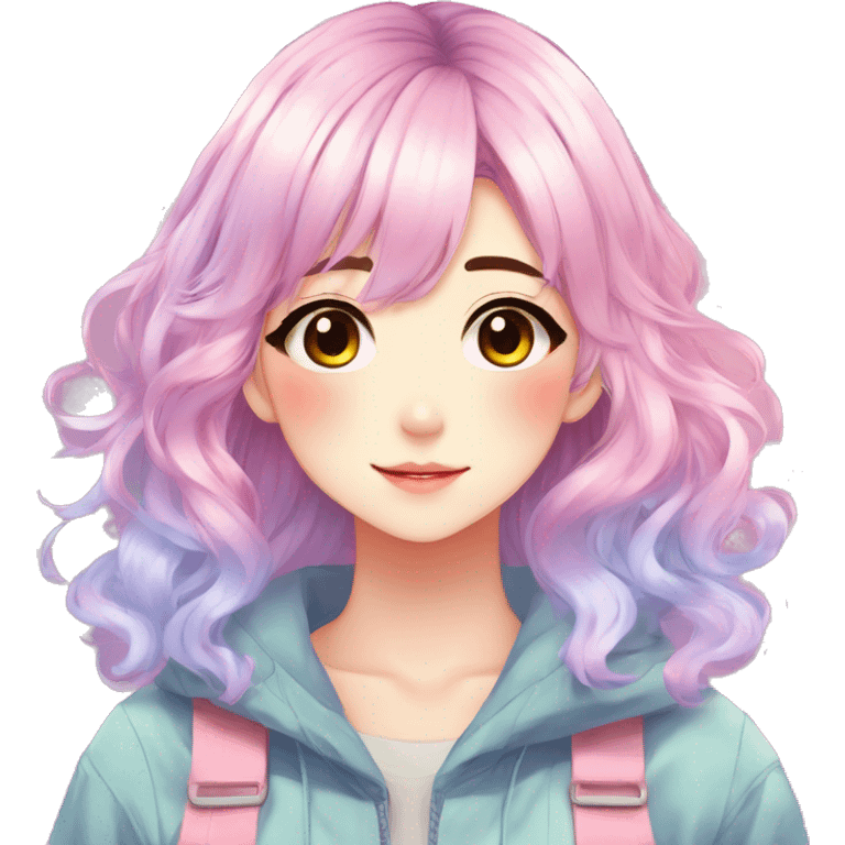 Gorgeous anime style shojo character with blushing face aesthetic and pretty colorful shiny gradient pastel hair with hair garment trending style emoji