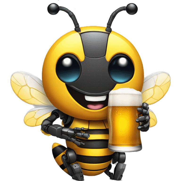 Cute Robot bee with big smile drinking beer emoji