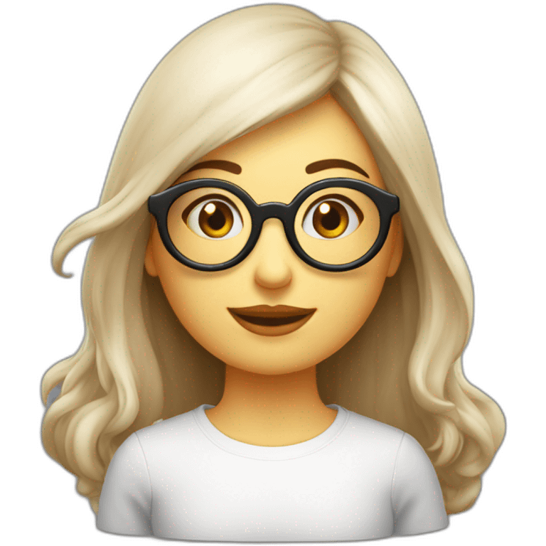  mujer blanca de cara redonda pelo largo liso marrón con lentes emoji