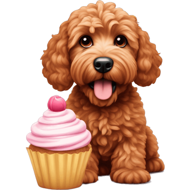 Mini red goldendoodle with cupcake  emoji