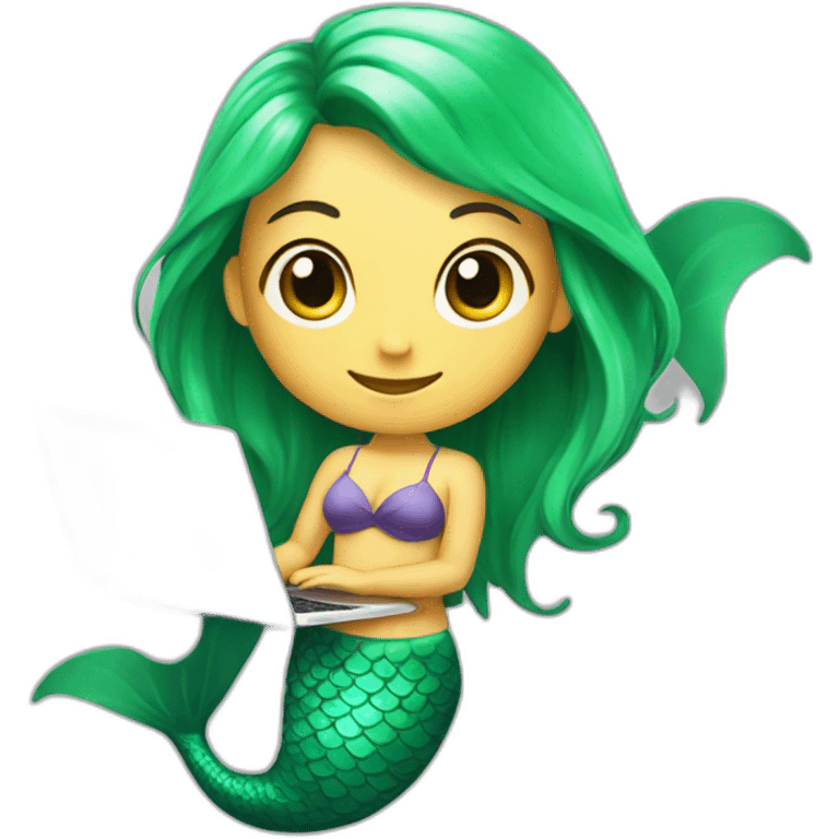 mermaid with laptop with cute face and green tail emoji