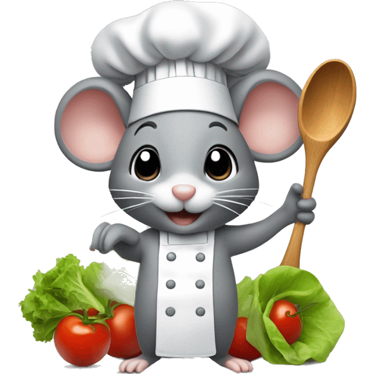 cute grey mouse wearing a chef’s hat holding a wooden spoon and a salad emoji