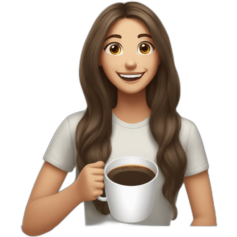 white young brunet woman with long flat hair with face visible huge smile and eyes wide open holding a cup of coffee the same size of her head emoji