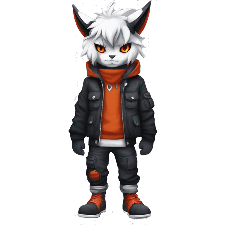 Cool Anthro Absol-Litten-Lynx-Pokémon with edgy stripes hoodie spiked collar punk techwear Cargo Pants Full Body emoji