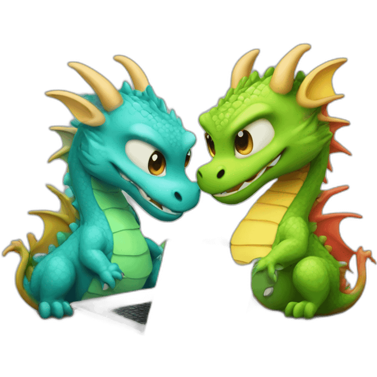 two dragon friends different colors looking at a laptop emoji