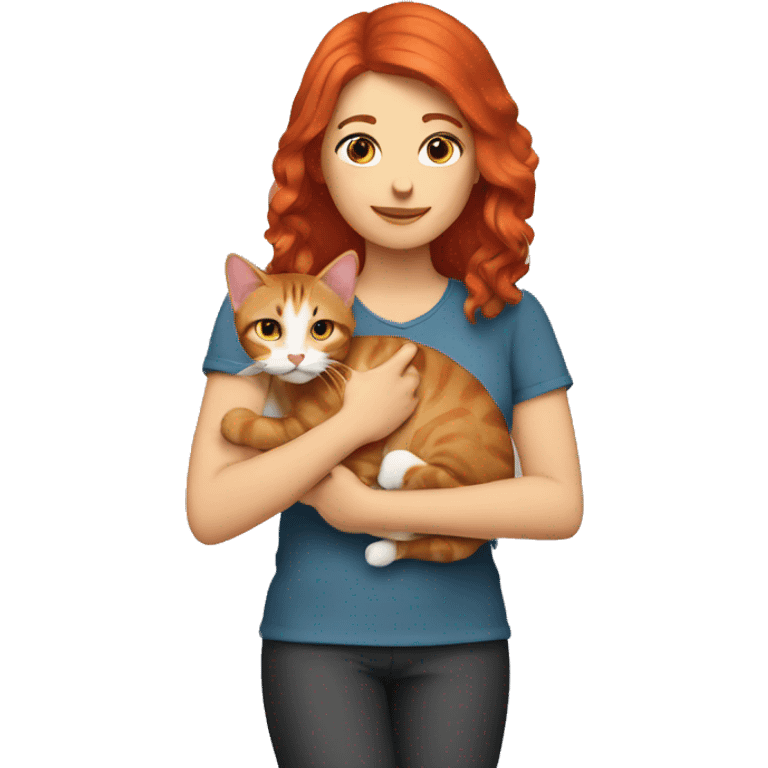 Red haired woman holding tabby cat  emoji