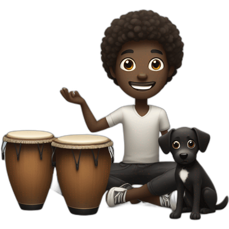 Dark skin guy with slightly receiding hair. Smiling playing bongos. With a black dog with brown spots, next to him  emoji