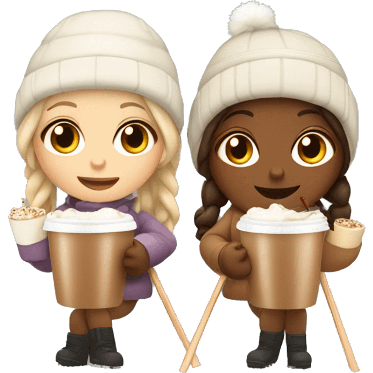 Two girls one beige skin one tanned and they are skiing with hot chocolates  emoji