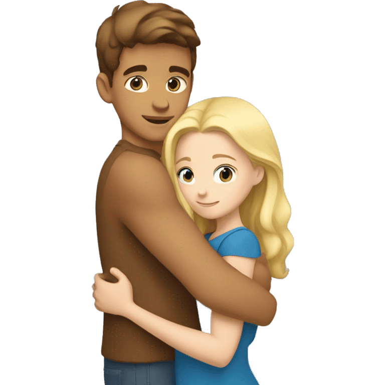 boy with tan skin and brown hair is hugging blonde girl with blue eyes  emoji