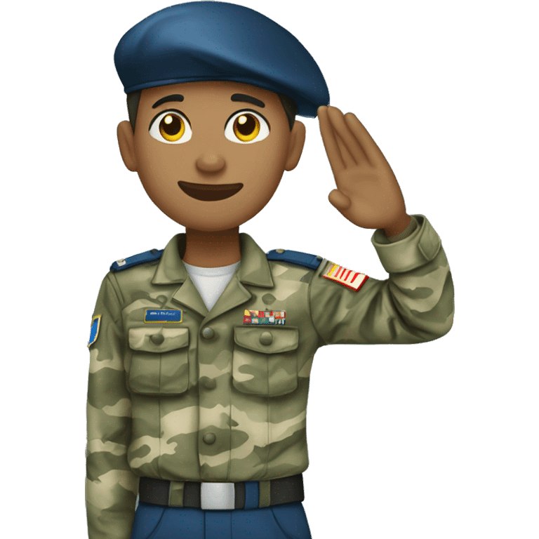 Blue camouflage uniform light skin boy saluting with hos hand emoji