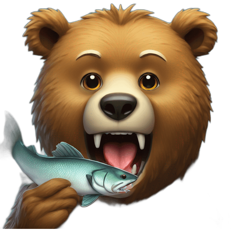 scary bear eating a fish with his mouth realistic emoji