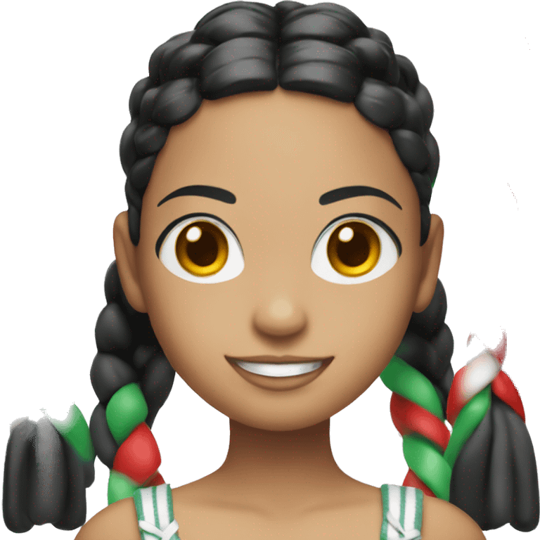 Doll with black hair in two braids with red, green, white ribbons smiling  emoji