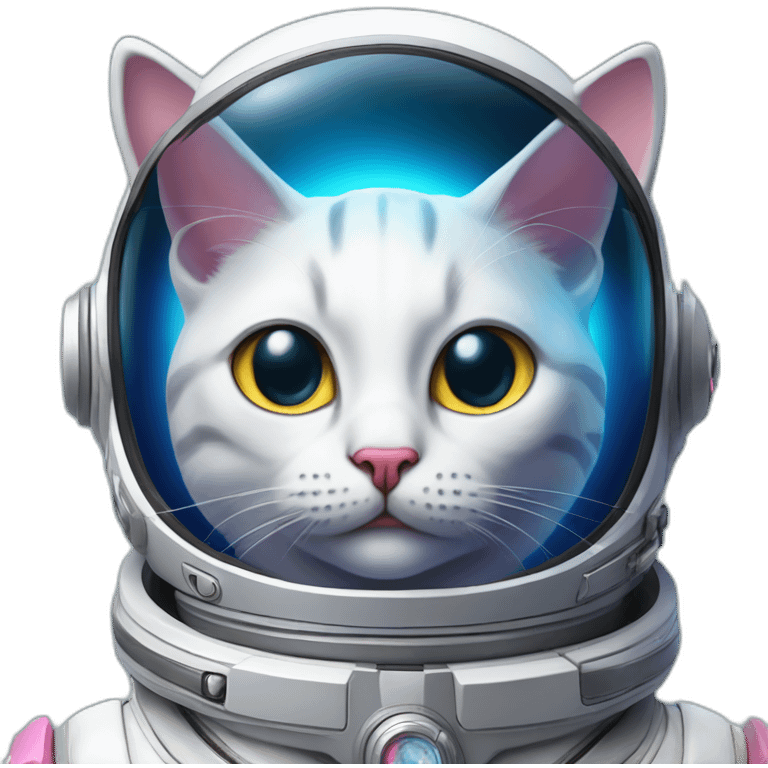 cat left eye is blue and right eye is pink wearing a space suit smoking a cigar with a grin emoji