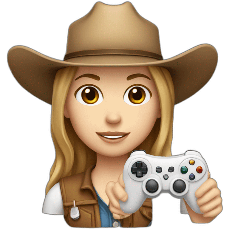 white girl with light brown hair with a cowboy hat holding a game controller emoji