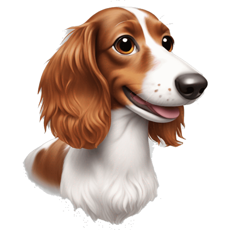 Long haired white and red piebald dachshund smiling with freckles whole body emoji