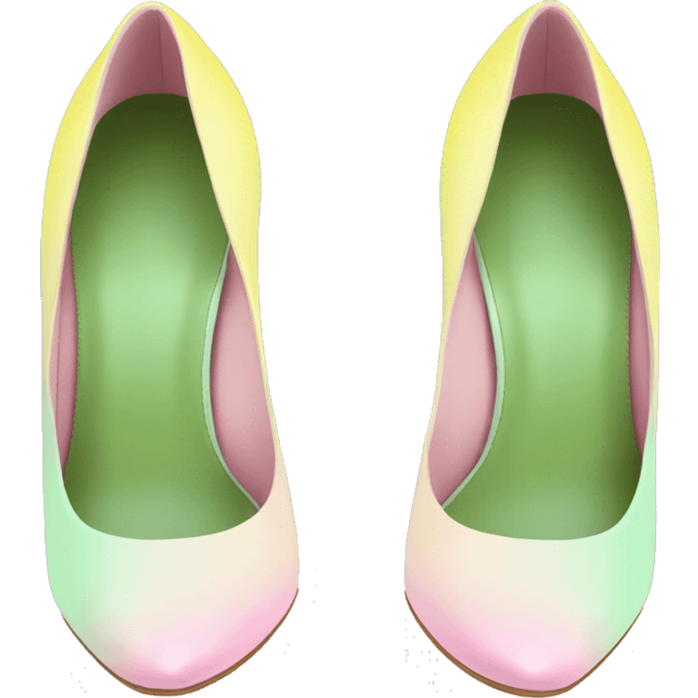 Realistic isolated top front view of a pair of pastel green,pastel yellow,and pastel pink ombre cut out high heel shoes.  emoji