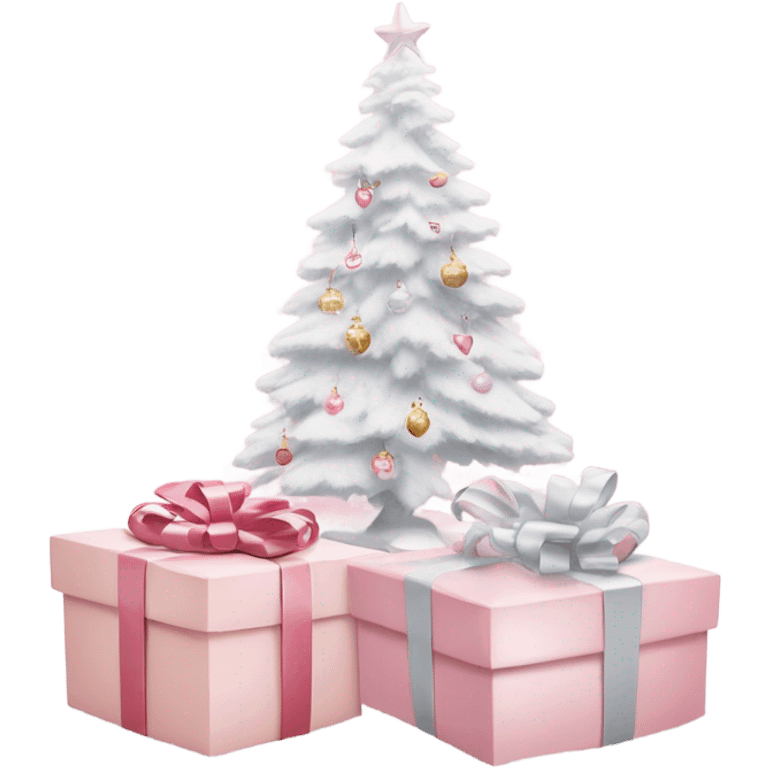 Light pink Christmas gifts under a white Christmas tree  emoji