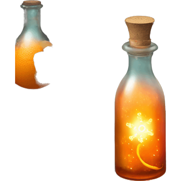 Orange magic fairy light sparkling old Antique bottle with poison and with herbal and flowers emoji