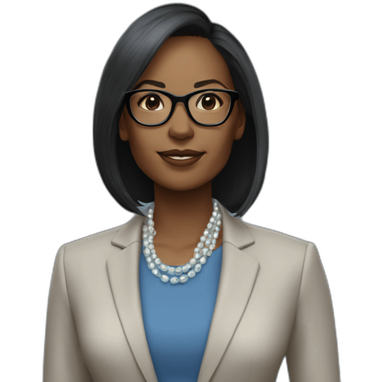 black woman ceo, black glasses, neck length straight hair, blue blazer, pearl necklace emoji