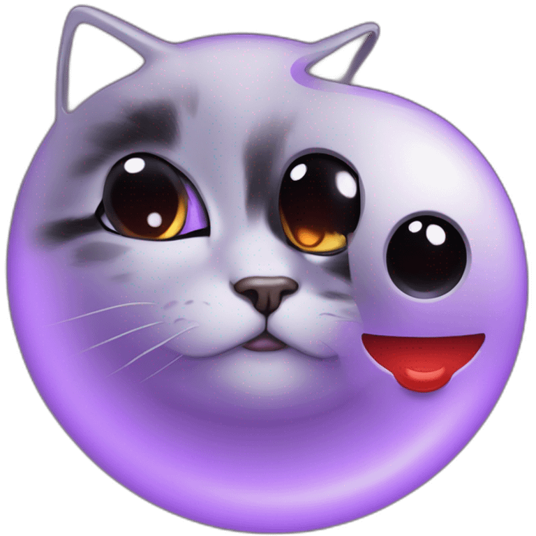 Chat violet avec des yeux noir avec des pupilles noir et un colier lune et ce chat crache du gaz rouge emoji