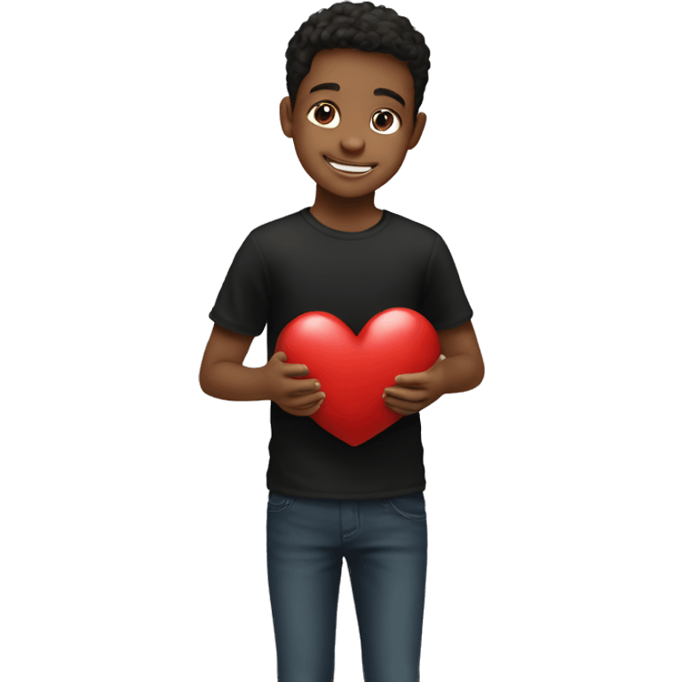 smiling boy in black shirt holding heart  emoji