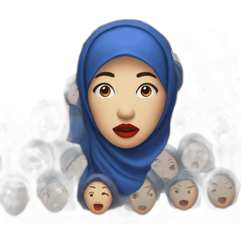 Asian women wearing blue indigo hijab with red lipstick with shocked face emoji