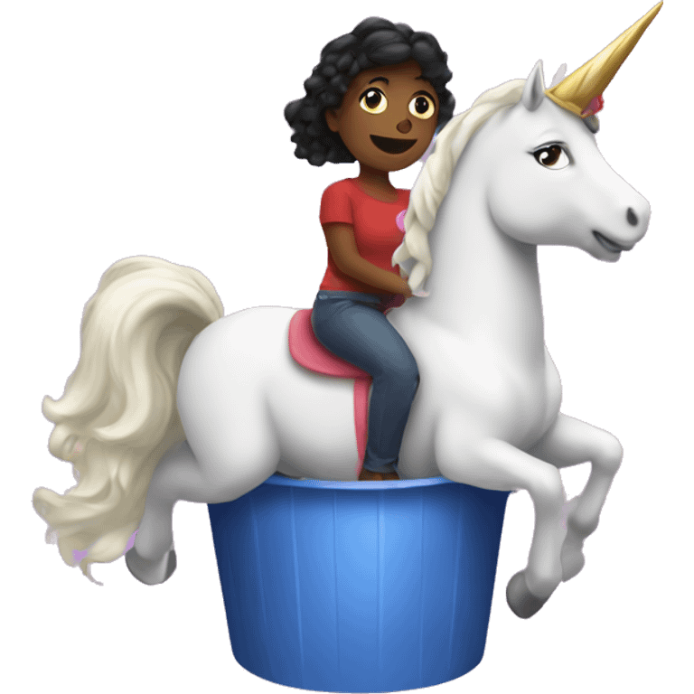 Scarlett riding a unicorn inside of a bucket emoji