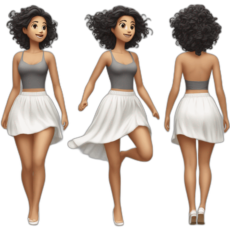 Hyperrealistic Full body Caucasian curvy beauty jumping white skirt back and front views strong wind emoji