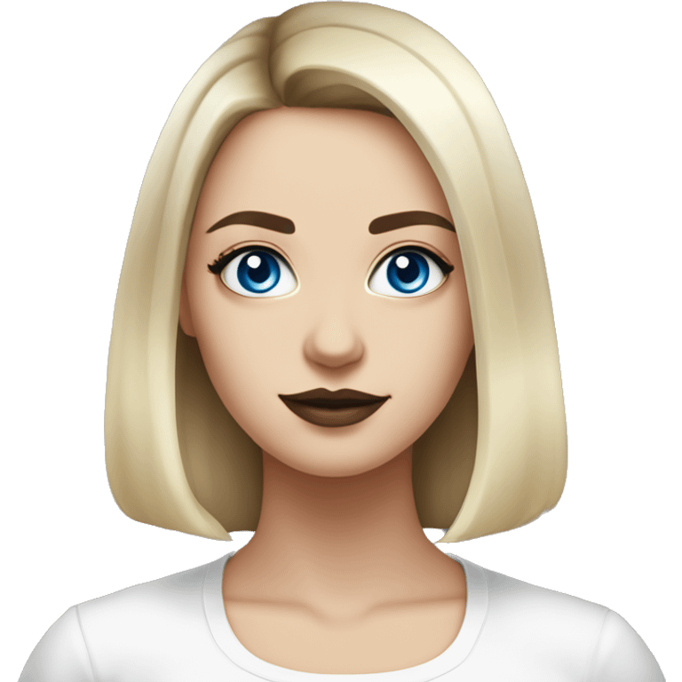 waist-length portrait, looking up, Slavic adult woman, goth eyes makeup, blue eyes, medium bob black-to-blonde ombre straight hair, white T-shirt and black office jacket. emoji