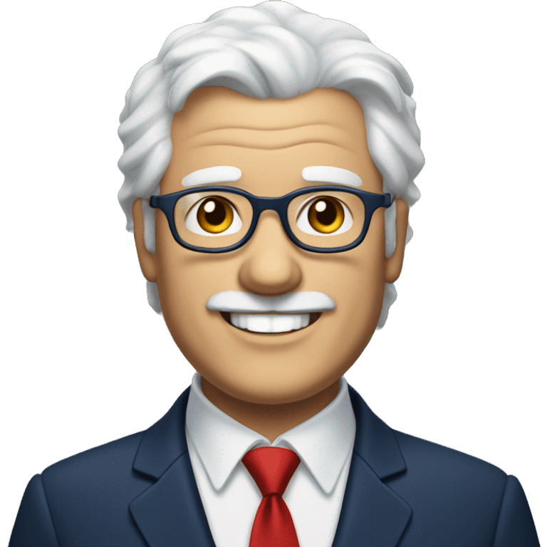 A fat older man, white hair, with glasses, no beard, smiling with teeth, and wearing a navy blue suit and red tie emoji