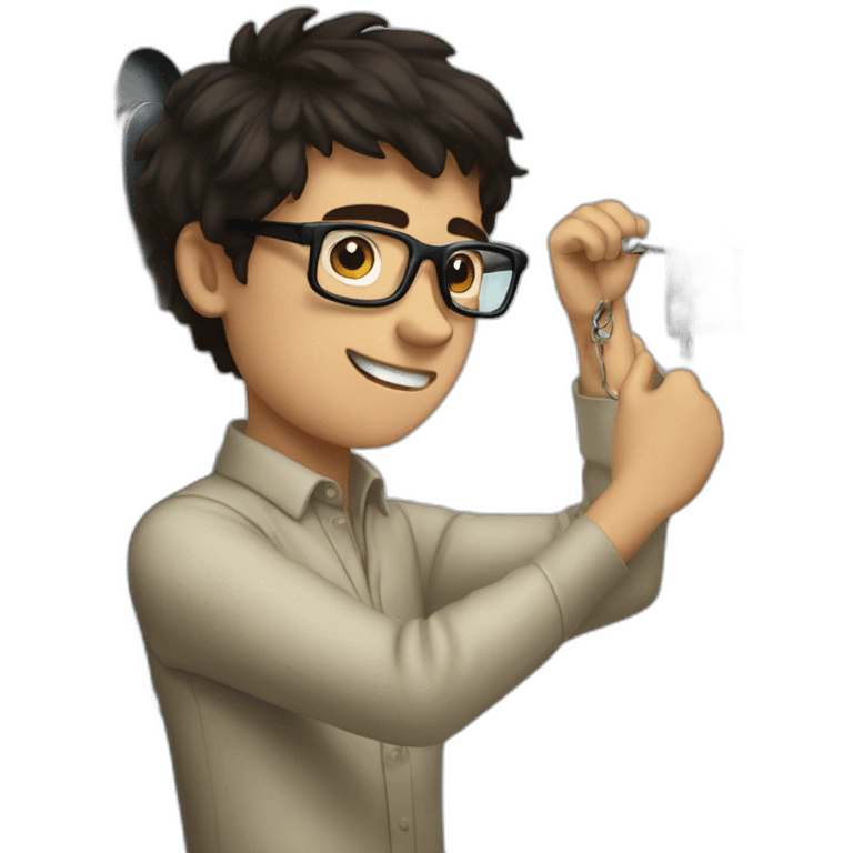 dark-haired young man with glasses struggling to fit a key into a lock emoji