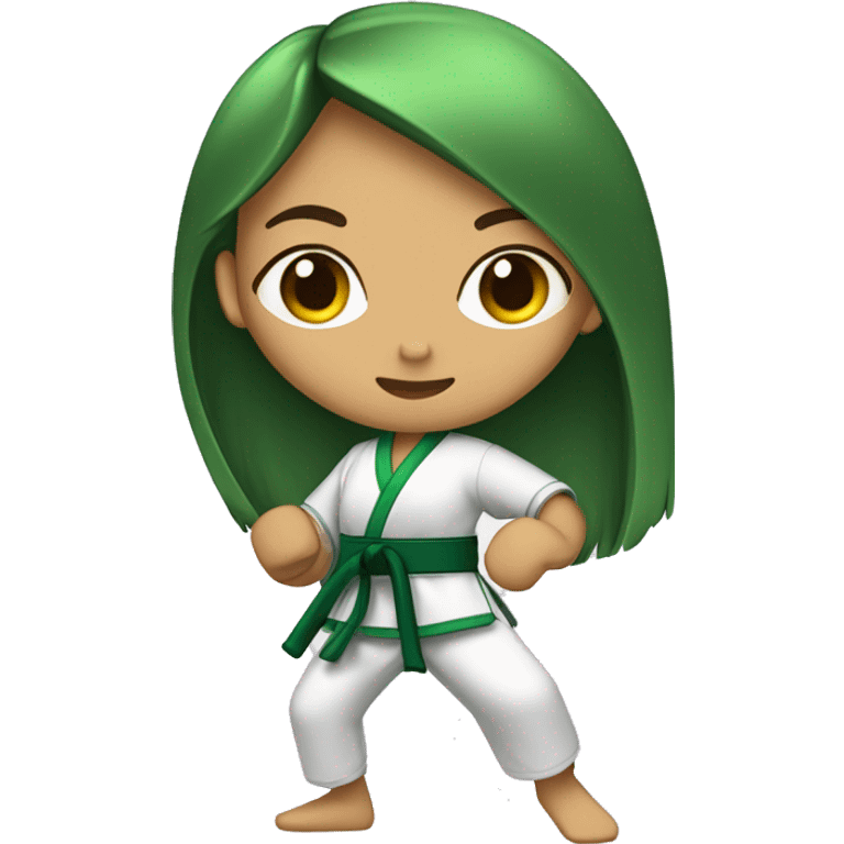 morena skin girl with a karate green belt and one leg kicking very high long hair emoji