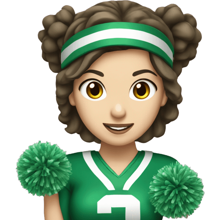 brunette  white girl cheerleader wearing green uniform holding green pompoms standing emoji