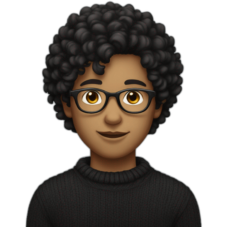 boy with curly black hair, glasses, black sweater and fair complexion emoji