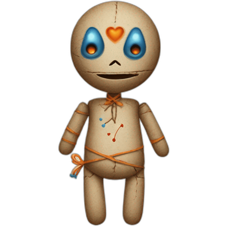 voodoo doll with orange and blue buton eyes and a heart on left side of belly emoji