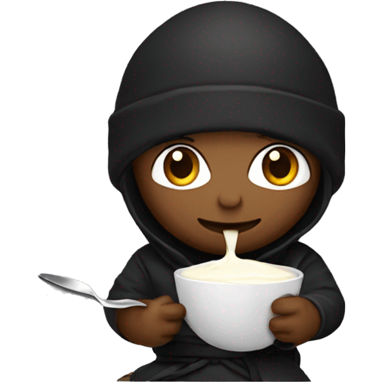 ninja eating yogurt with a spoon black beanie emoji