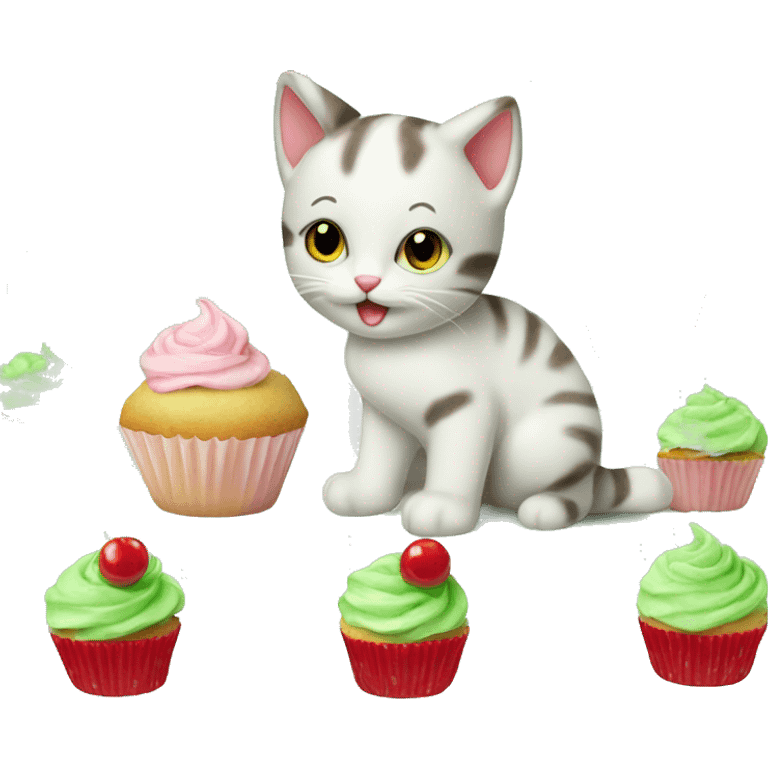 2 Little baby cat with 2 cup cakes red and green emoji