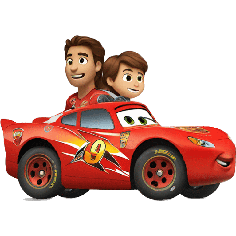 Lightning Mcqueen with a boy with brown hair on the car  emoji