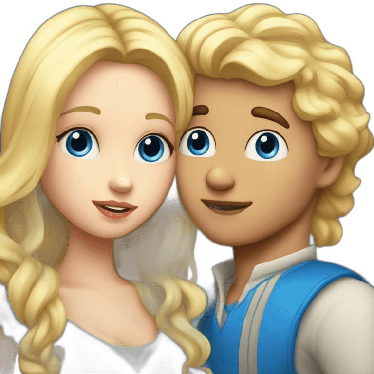 A blond boy with blue eyes who kisses a pretty blonde girl with blues eyes,  with a heart above their heads  emoji