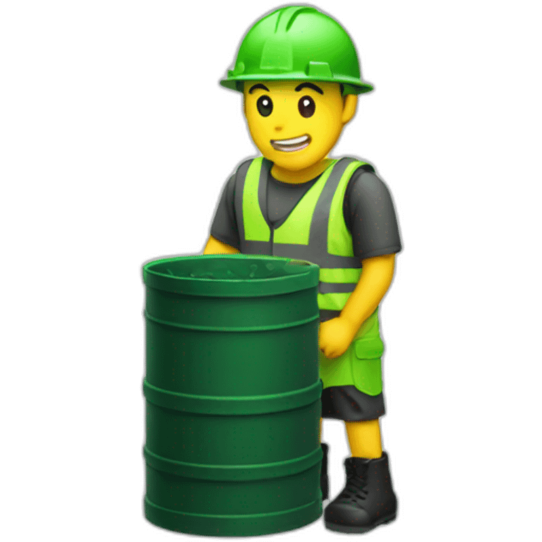 green construction plastic barrel with legs, wearing black crocs emoji