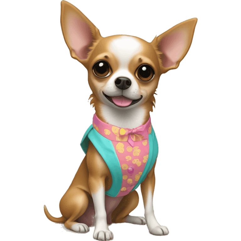 Chihuahua hembra de color caramelo en la playa y con traje de baño emoji