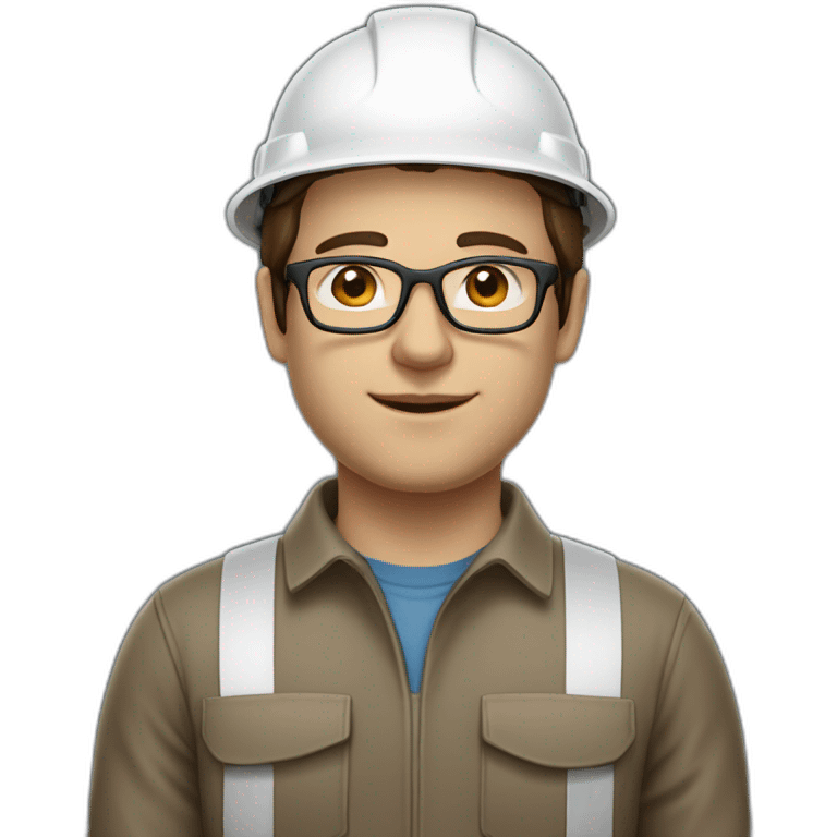 Engineer, white hard hat, pale skin tone, dark brown Hair, glasses, square jawline emoji