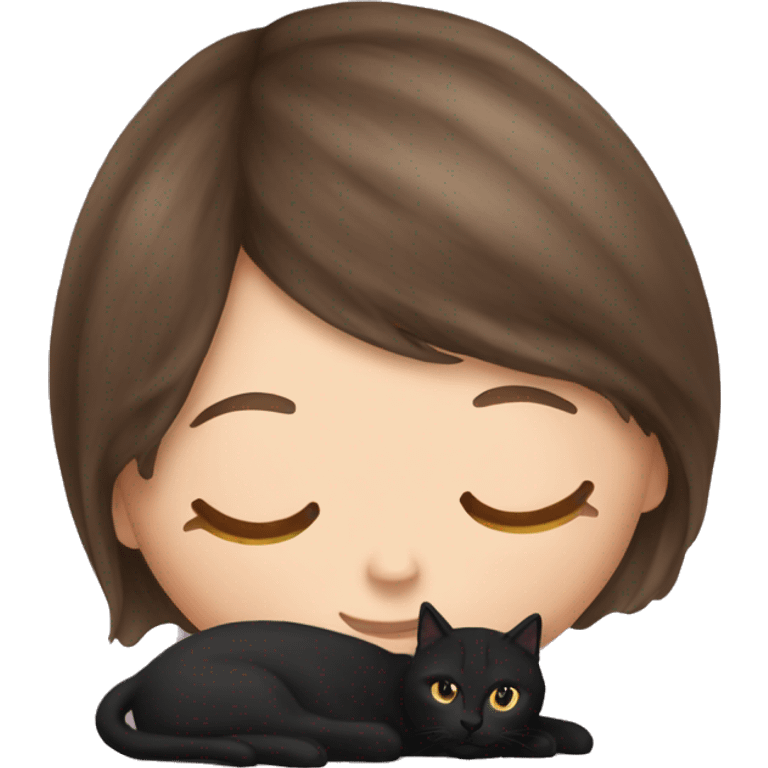 White Girl with long brown hair and bangs napping with a black cat emoji