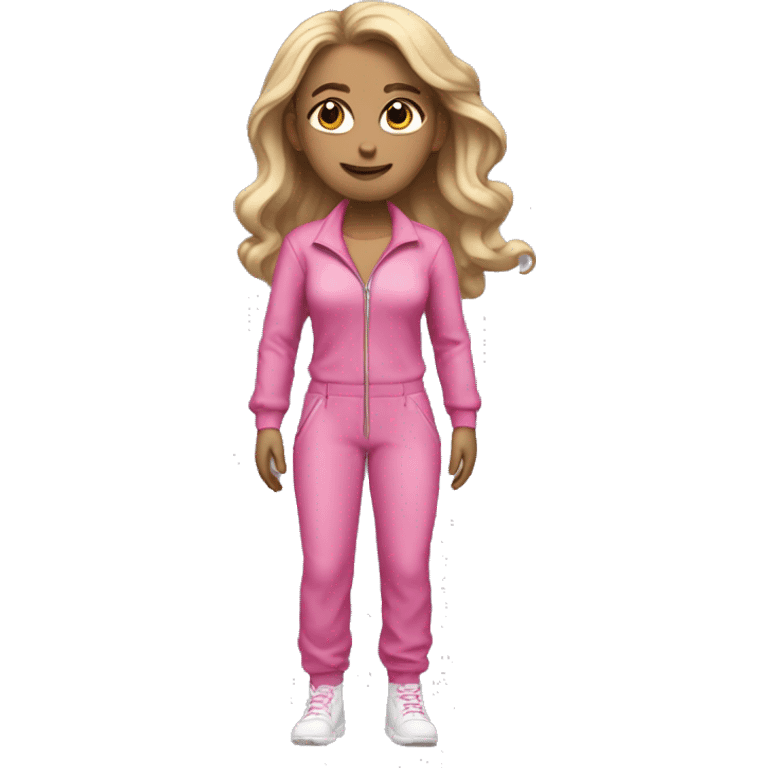 Woman dark matt blonde hair  pink  full body jumpsuit flying emoji