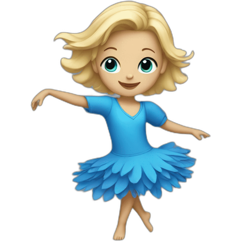 little blonde girl dancing in a blue bird costume emoji