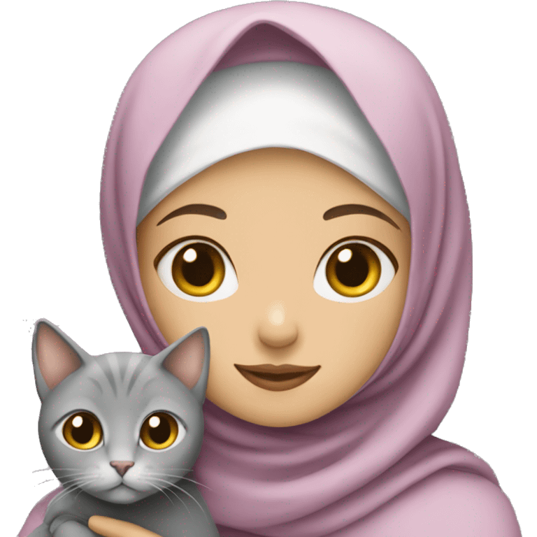 Girl with Hijab holds a grey cat emoji