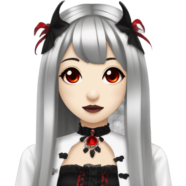 hime gyaru girl, black hair, goth, red eyes, vampire emoji