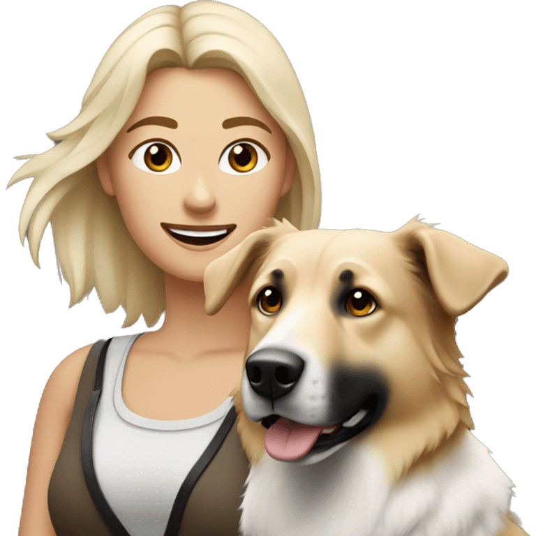 Blond woman near a Australien Shepherd dog Colored Black and white  emoji