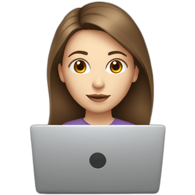 woman looking from behind a laptop. There is a coffee mug in front of the laptop. The woman has middle brown straight hair and pale skin. emoji