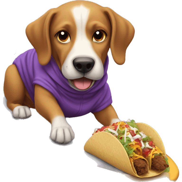 Dog eating a taco riding a surfboard wearing a purple hoodie emoji